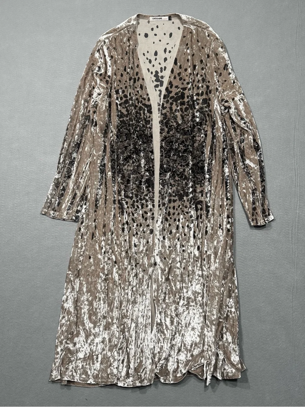 Origami Crushed Velvet Duster Open Front Cardigan Leopard And Rose Print XXL